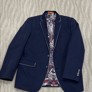 Navy Blue Men's Cotton Blazer with Patterned Lining 42L